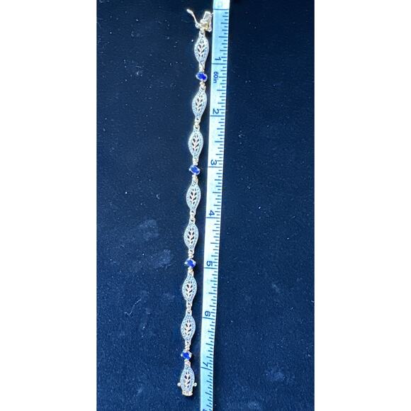 SIGNED DL Gold Plated Sterling 925 Filigree Sapphire Blue Crystals 7.5” Bracelet - Picture 7 of 12